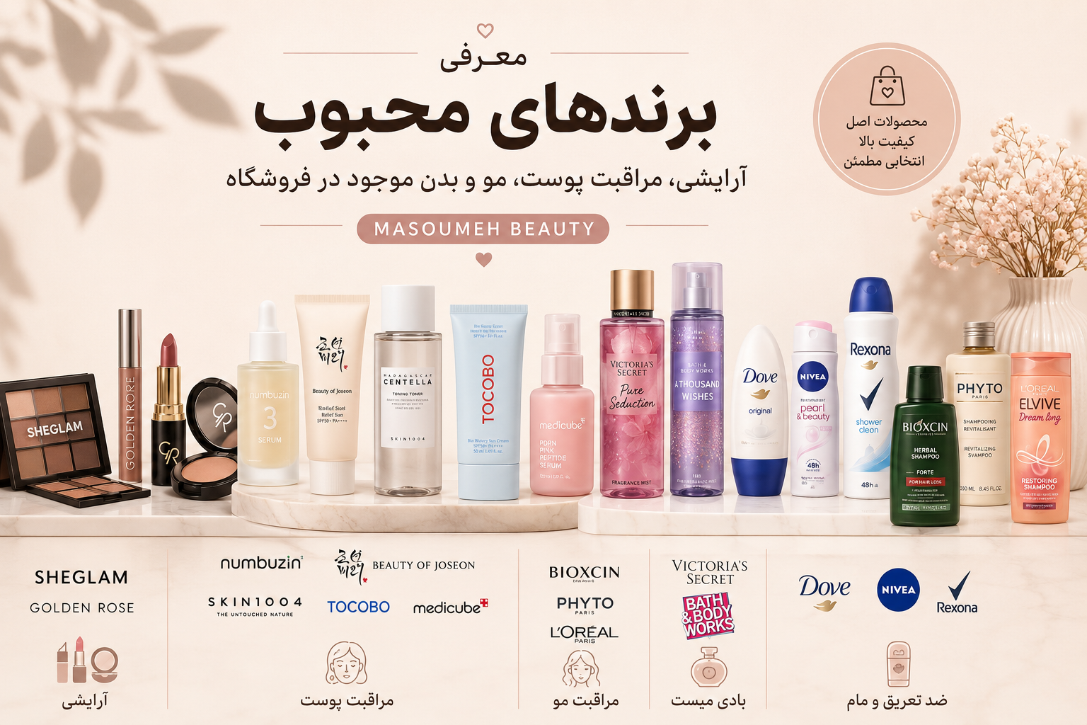 معرفى برندهاى محبوب آرايشى، مراقبت پوست، مو و بدن موجود در Masoumeh Beauty